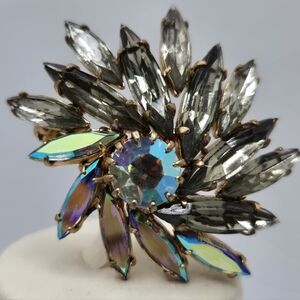 Smoky Grey Vintage Rhinestone Marquise Starburst Brooch Pin Estate